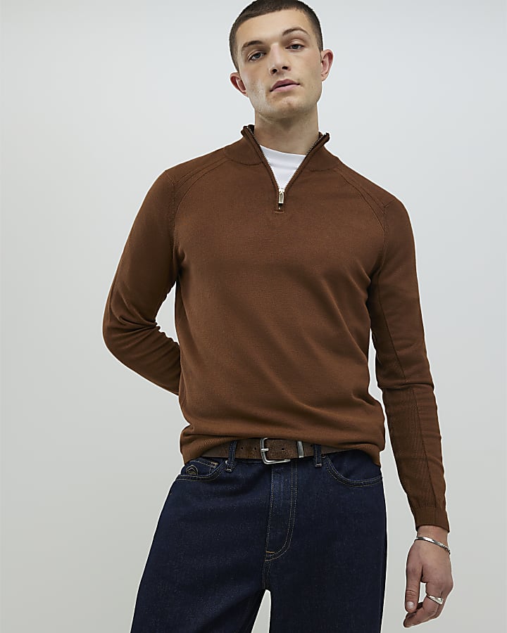 Brown Slim Fit Half Zip Jumpers