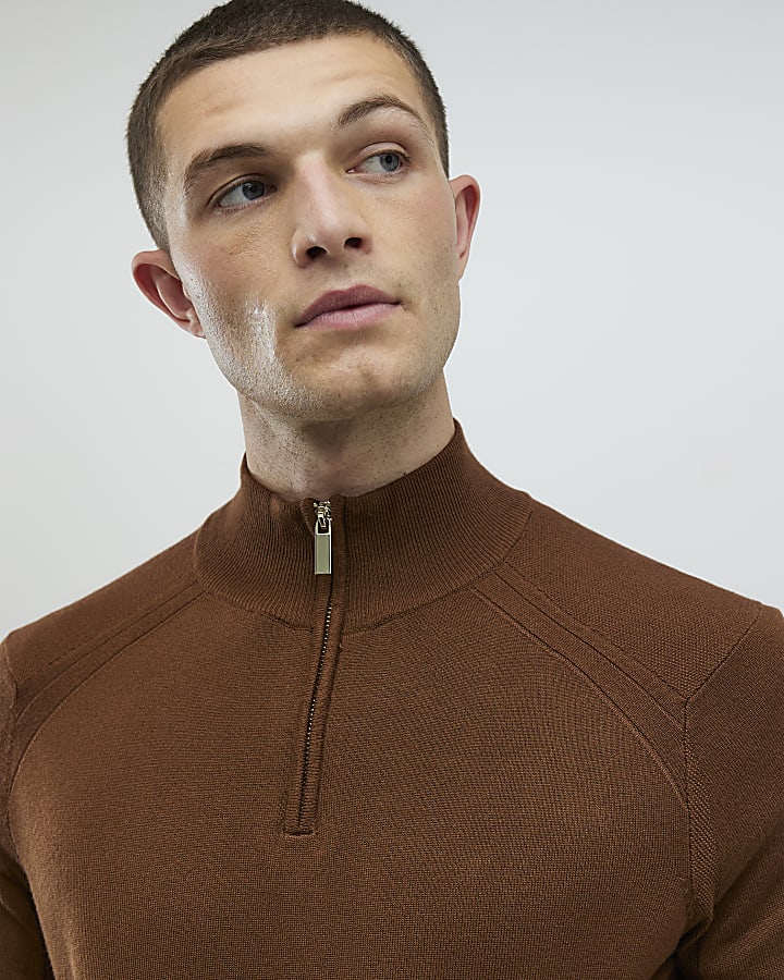 Brown Slim Fit Half Zip Jumpers