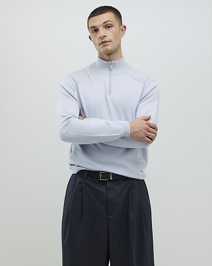 Blue Slim Fit Half Zip Jumpers