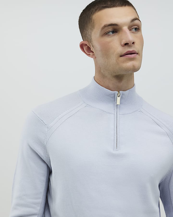 Blue Slim Fit Half Zip Jumpers