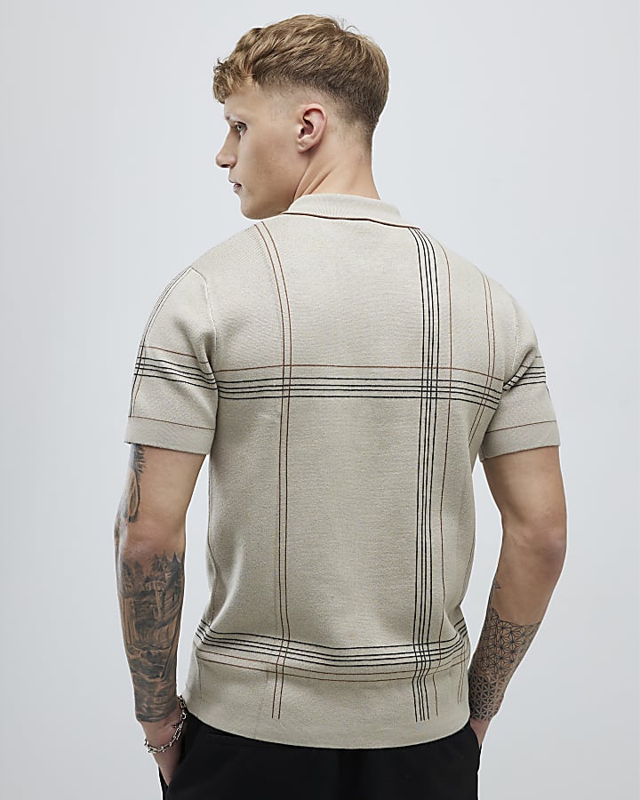 Cream Slim Fit Abstract Check Polo Shirt