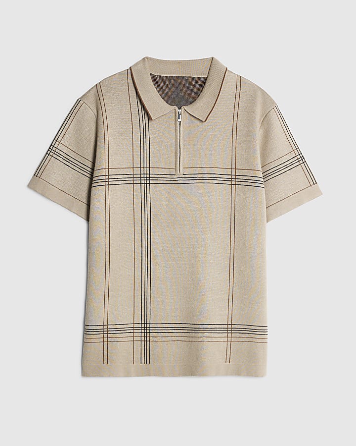 Cream Slim Fit Abstract Check Polo Shirt
