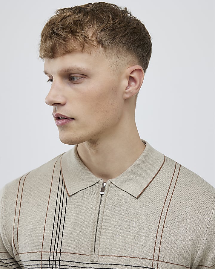 Cream Slim Fit Abstract Check Polo Shirt