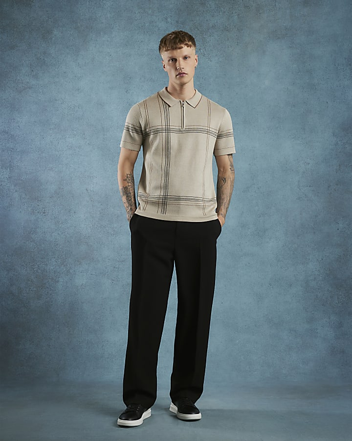 Cream Slim Fit Abstract Check Polo Shirt