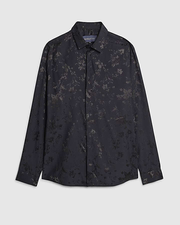Navy Slim Fit Floral Long Sleeve Shirt