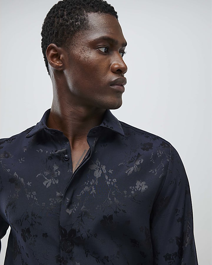 Navy Slim Fit Floral Long Sleeve Shirt