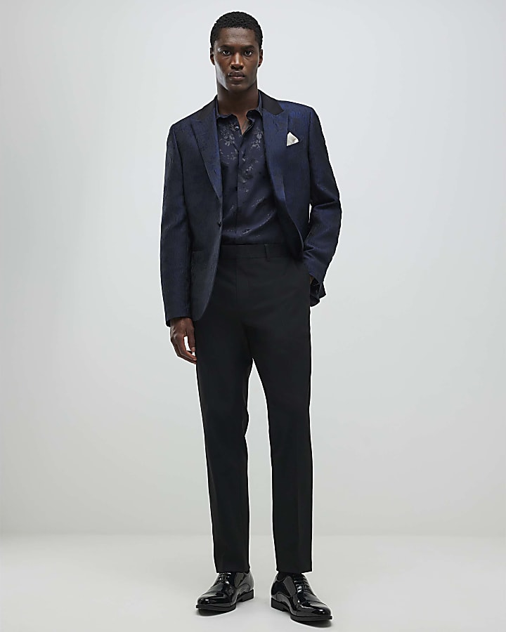Navy Slim Fit Floral Long Sleeve Shirt
