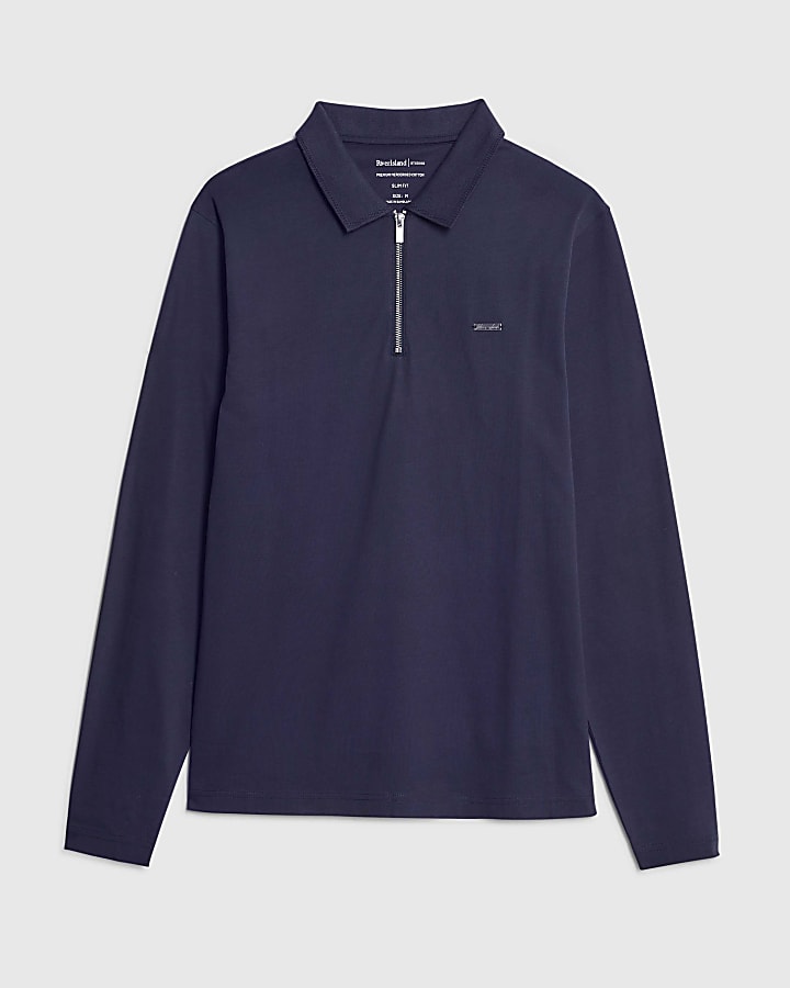 Navy Slim Fit Premium Zip Polo Shirt