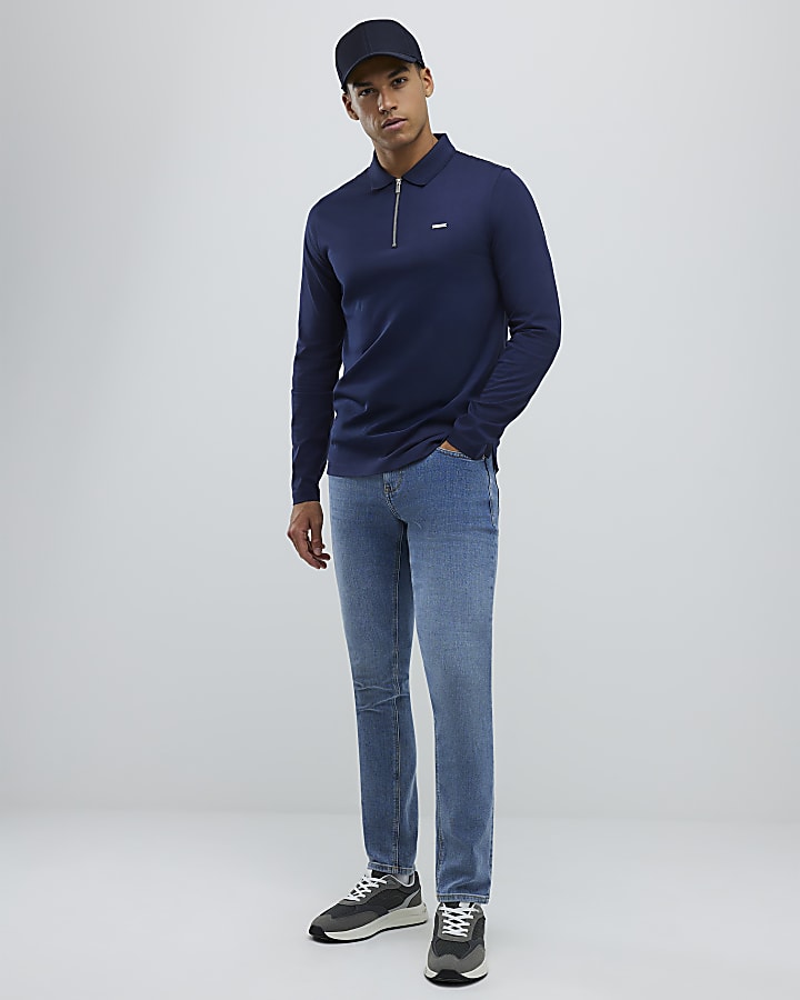 Navy Slim Fit Premium Zip Polo Shirt