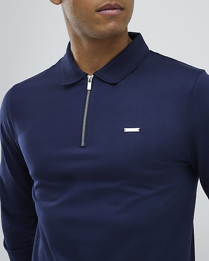 Navy Slim Fit Premium Zip Polo Shirt