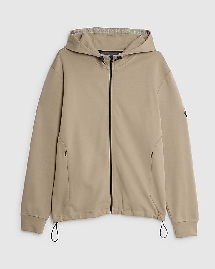 Beige Slim Fit Zip Through Hoodie