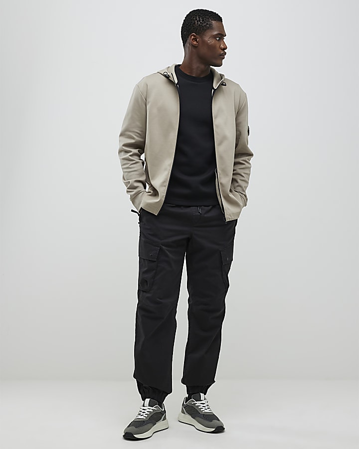 Beige Slim Fit Zip Through Hoodie