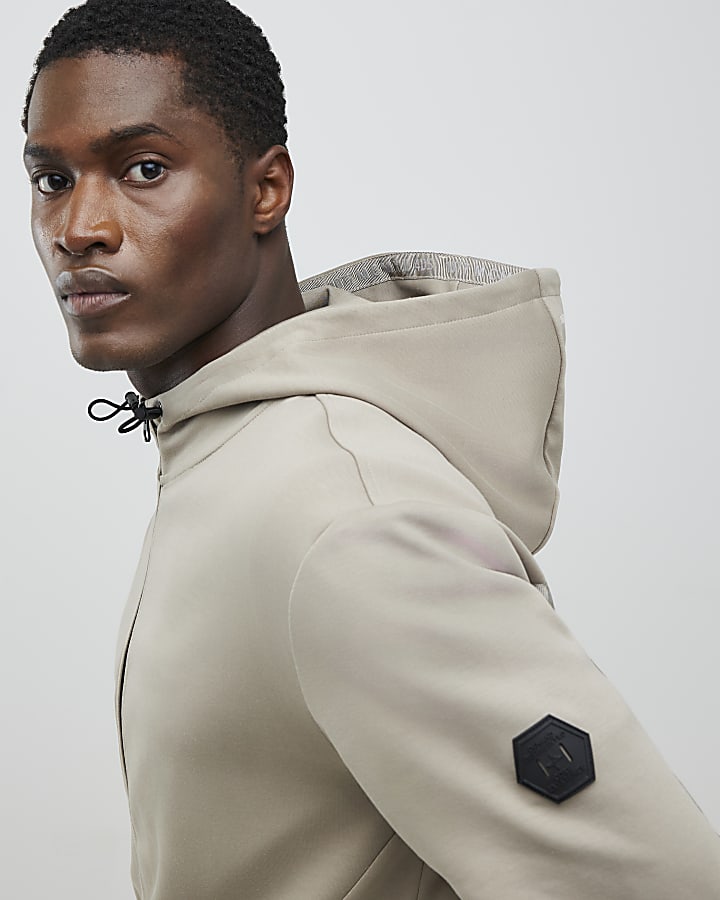 Beige Slim Fit Zip Through Hoodie