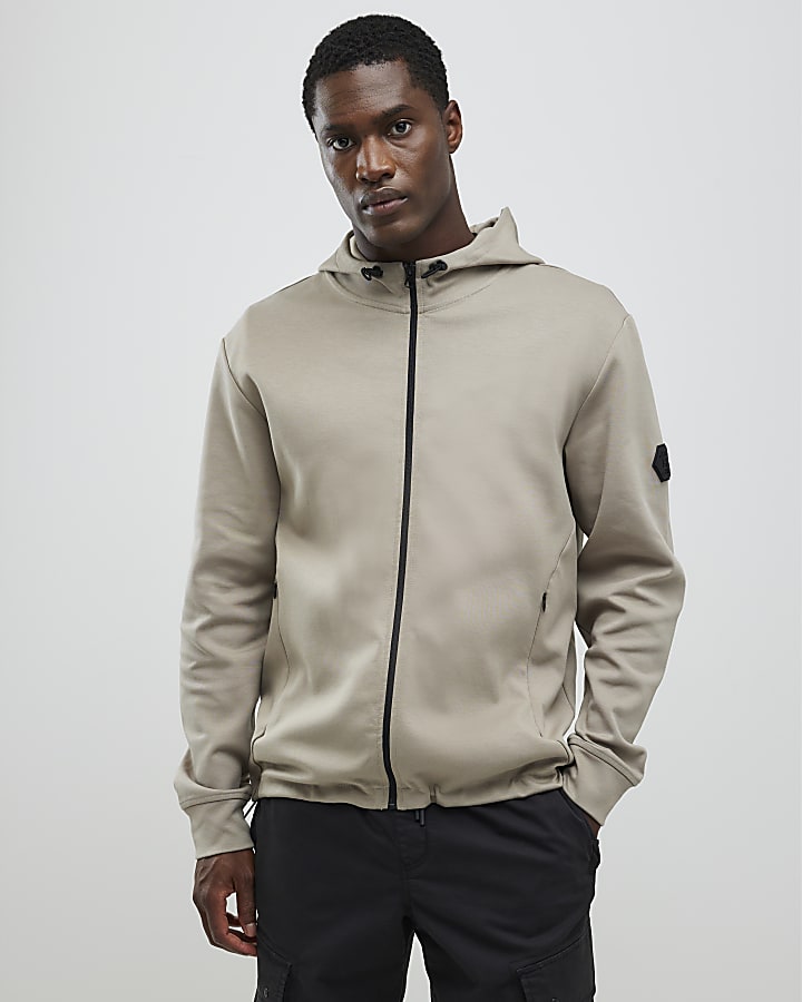 Beige Slim Fit Zip Through Hoodie