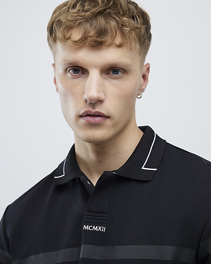 Black Slim Fit Striped Polo Shirt