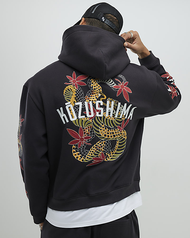 Black Oversized Fit Japanese Kozushima Hoodie