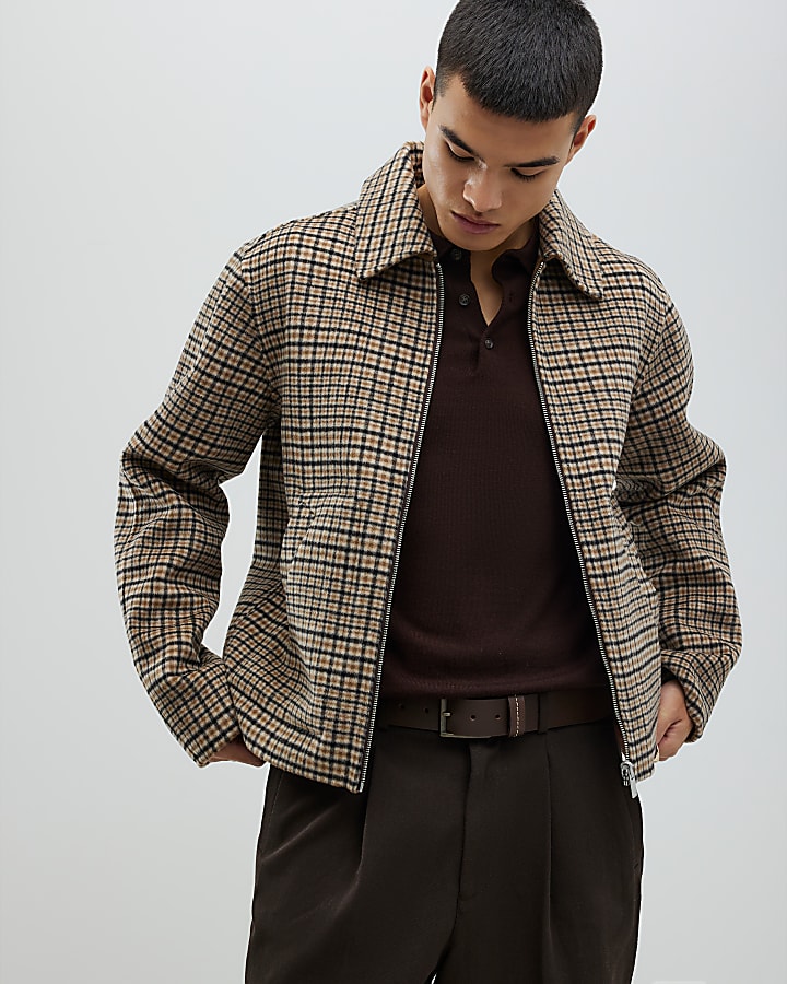 Beige Check Harrington Jacket