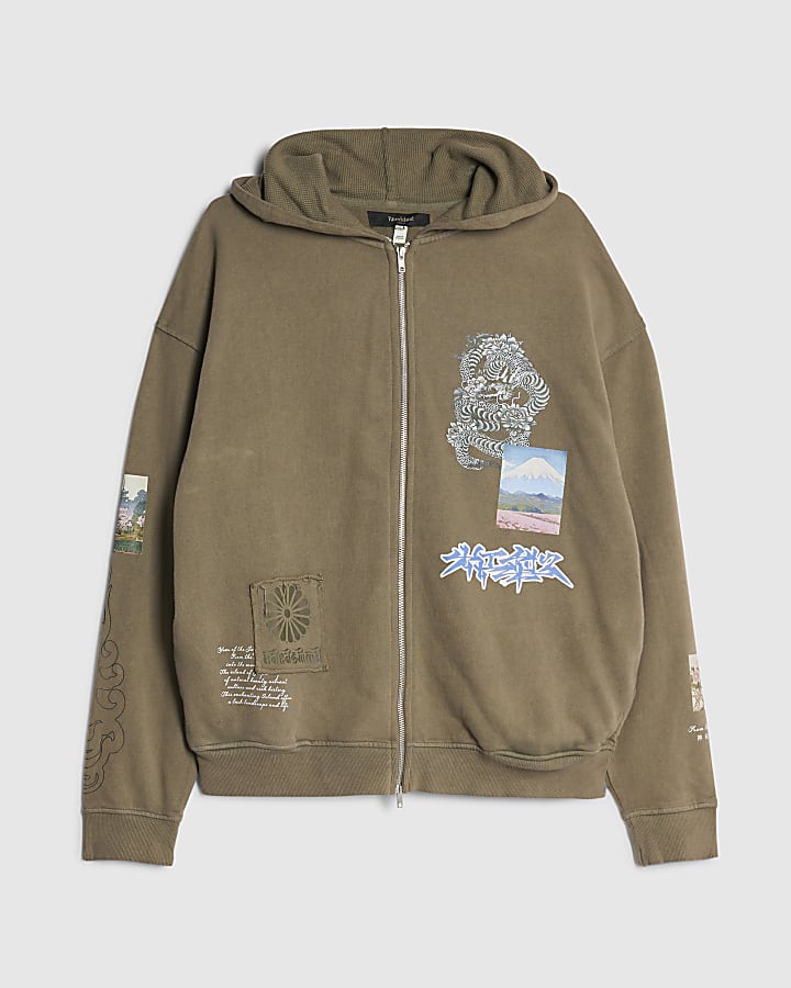 Khaki Oversized Fit Japanese Patch Hoodie