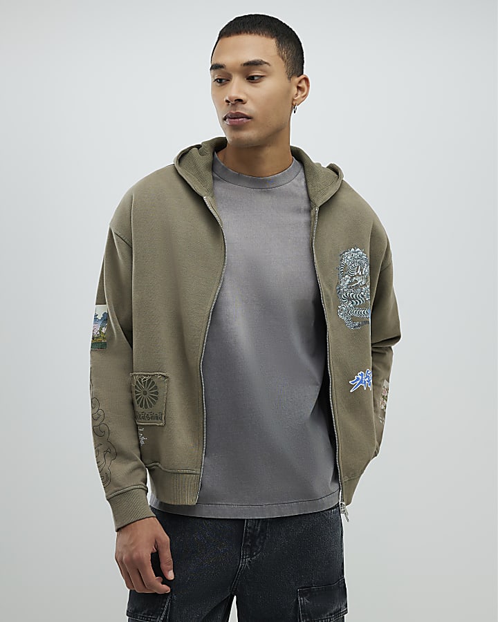 Khaki Oversized Fit Japanese Patch Hoodie