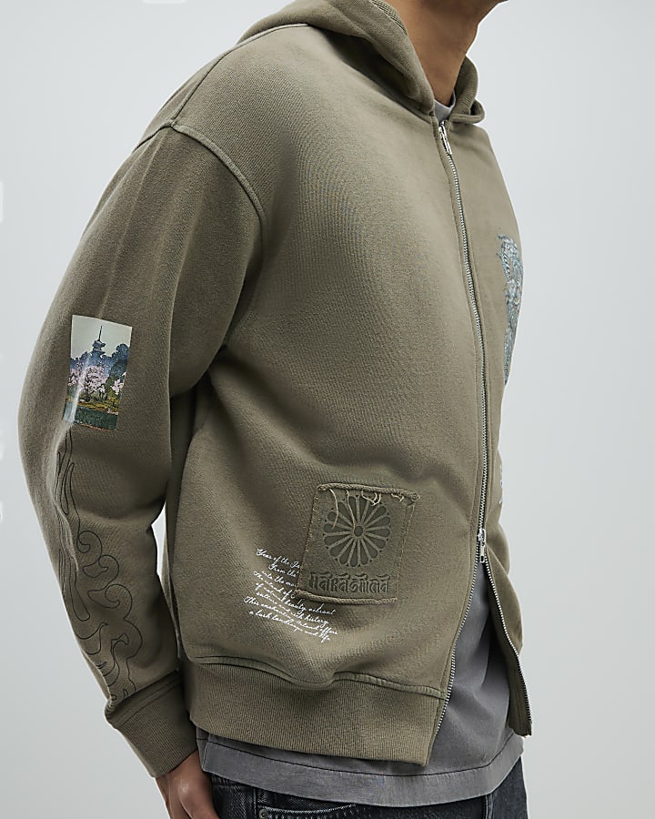 Khaki Oversized Fit Japanese Patch Hoodie