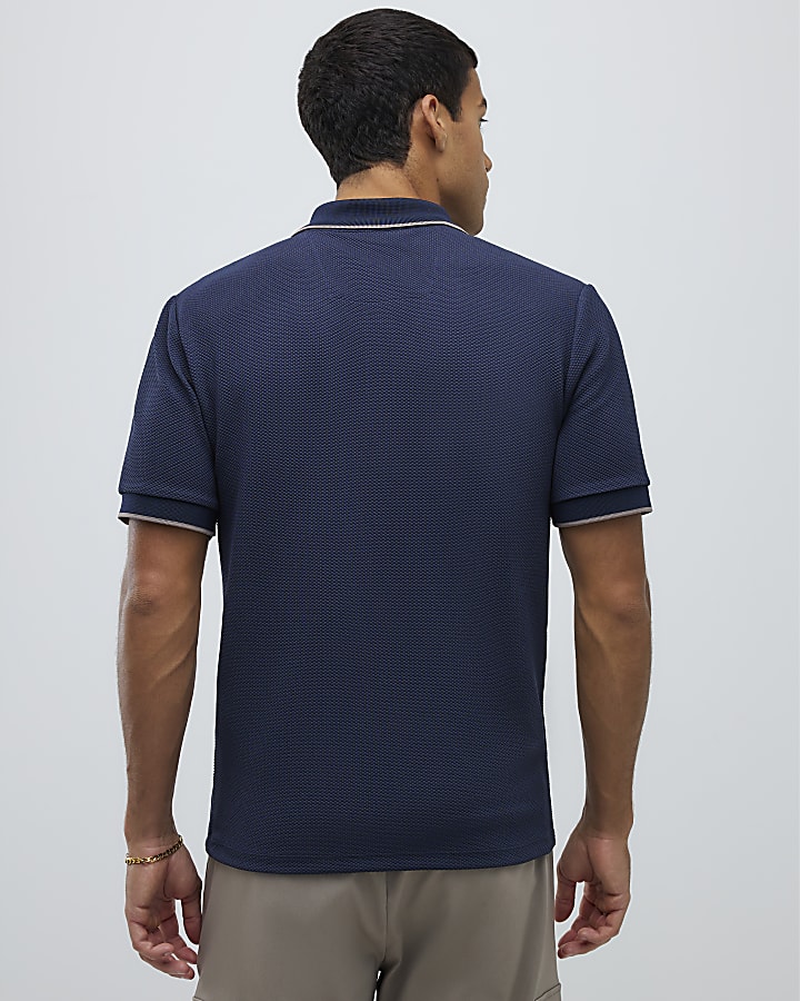 Navy Slim Fit Textured Zip Neck Polo Shirt