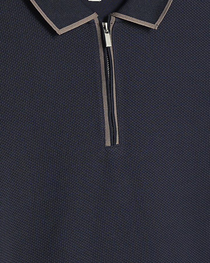 Navy Slim Fit Textured Zip Neck Polo Shirt