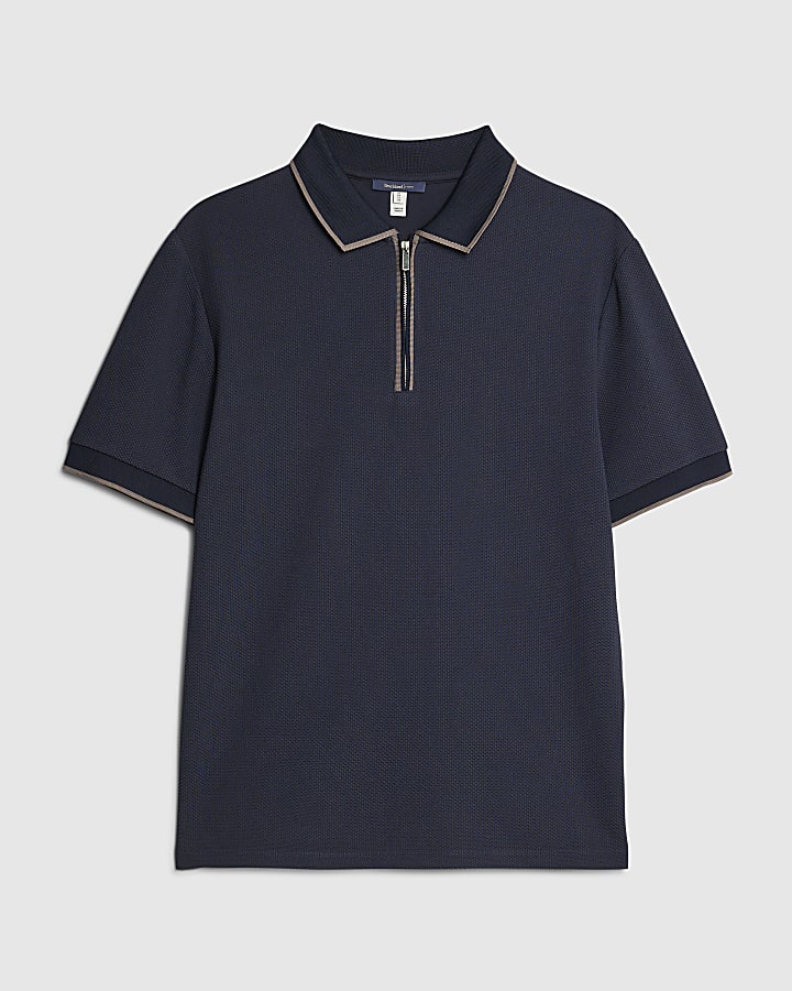 Navy Slim Fit Textured Zip Neck Polo Shirt