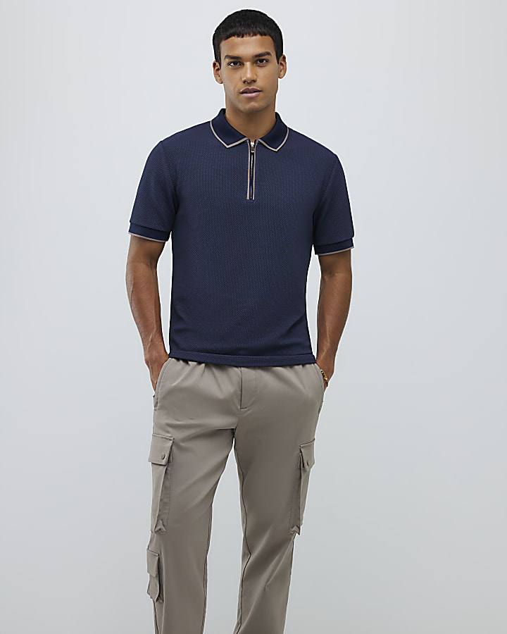 Navy Slim Fit Textured Zip Neck Polo Shirt