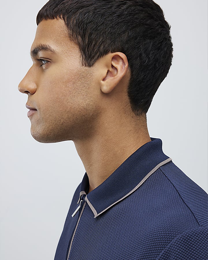 Navy Slim Fit Textured Zip Neck Polo Shirt