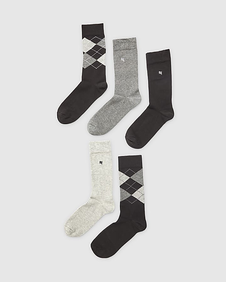 Grey Argyle Mix Pack Of 5 Socks