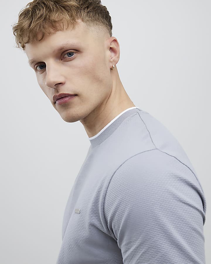 Grey Slim Fit Textured T-Shirt
