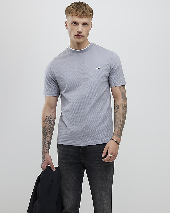 Grey Slim Fit Textured T-Shirt