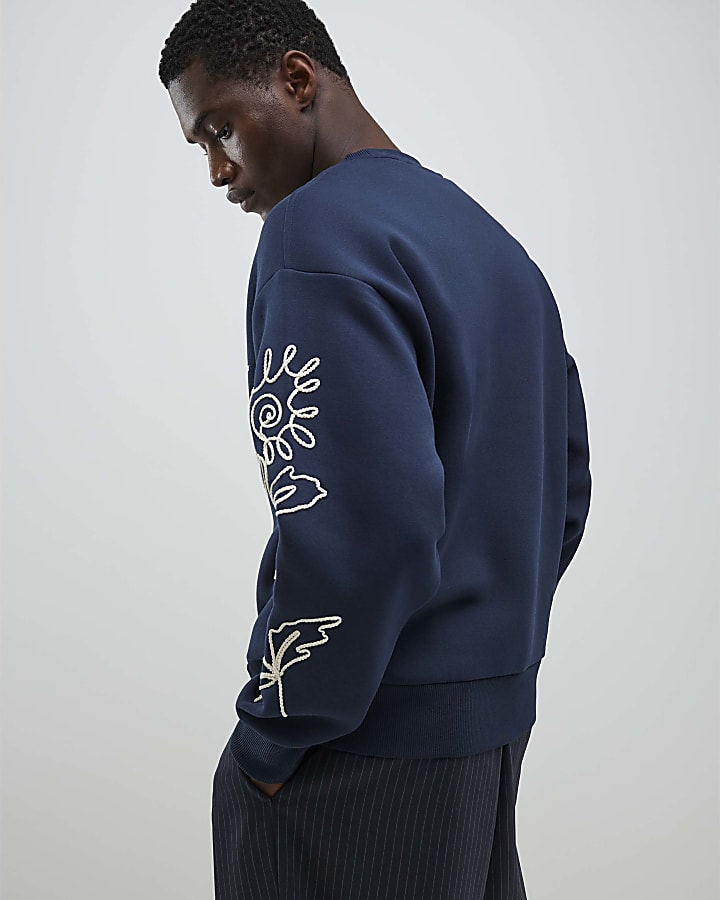 Navy Regular Fit Floral Rope Sweatshirt