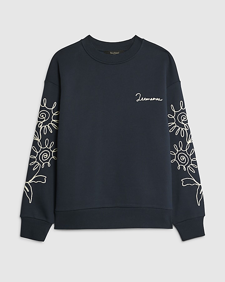 Navy Regular Fit Floral Rope Sweatshirt