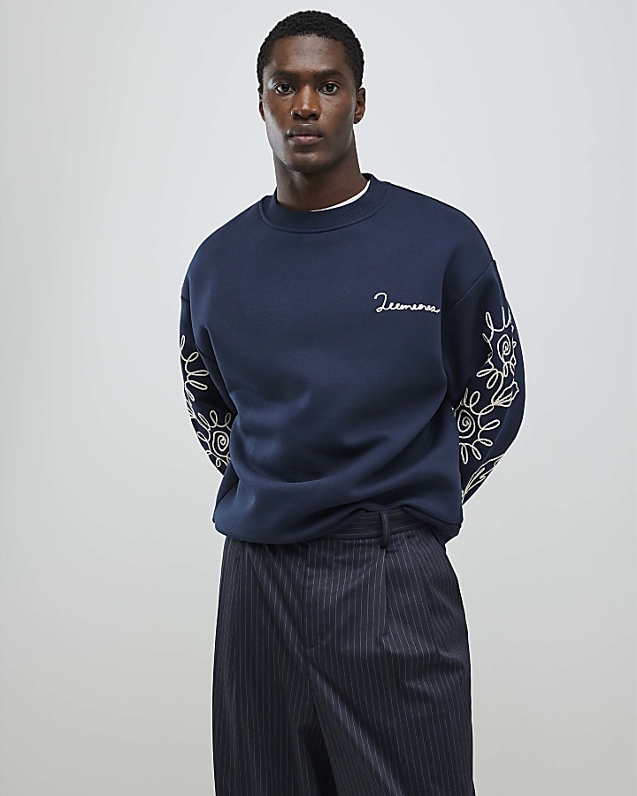 Navy Regular Fit Floral Rope Sweatshirt