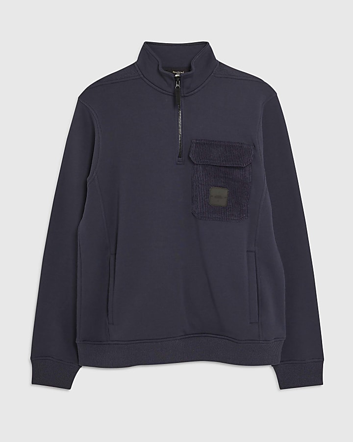 Navy Regular Fit Corduroy Pocket Sweatshirt