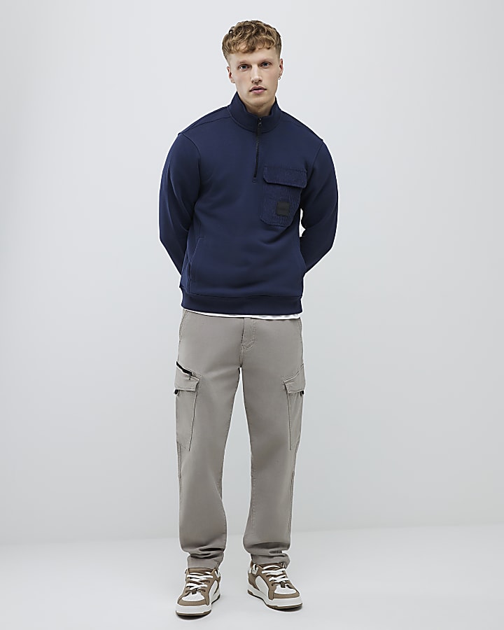 Navy Regular Fit Corduroy Pocket Sweatshirt