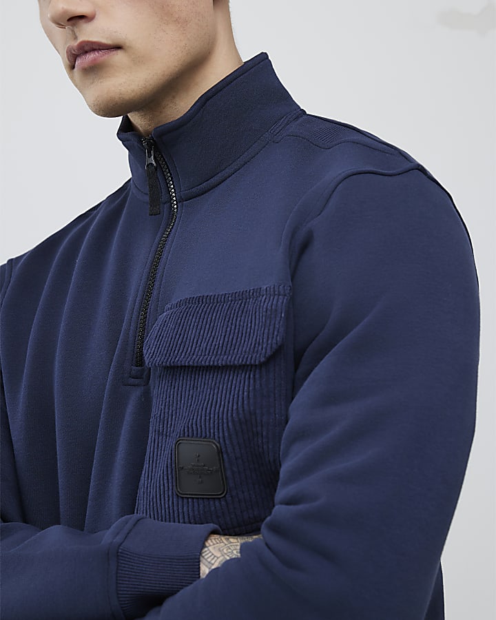 Navy Regular Fit Corduroy Pocket Sweatshirt