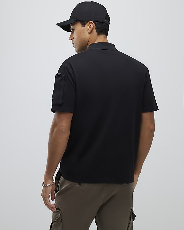 Black Regular Fit Arm Badge Pocket Polo Shirt