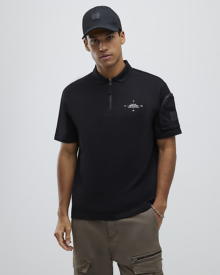 Black Regular Fit Arm Badge Pocket Polo Shirt
