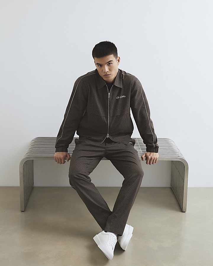 Brown Slim Fit Puppytooth Piped Trousers