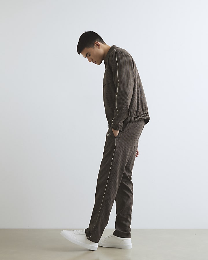 Brown Slim Fit Puppytooth Piped Trousers