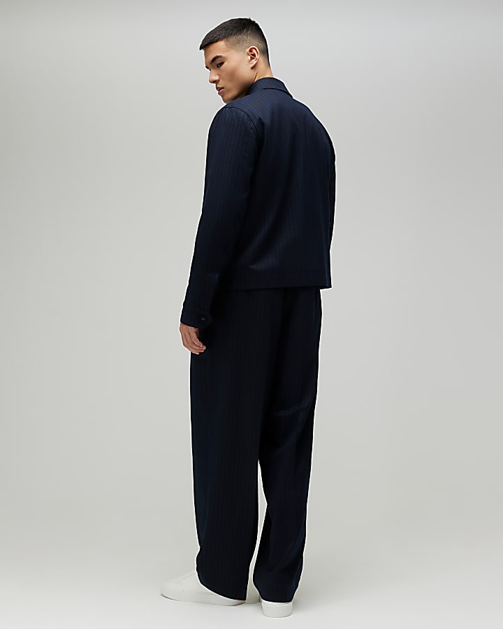 Navy Wide Fit Pinstripe Trousers