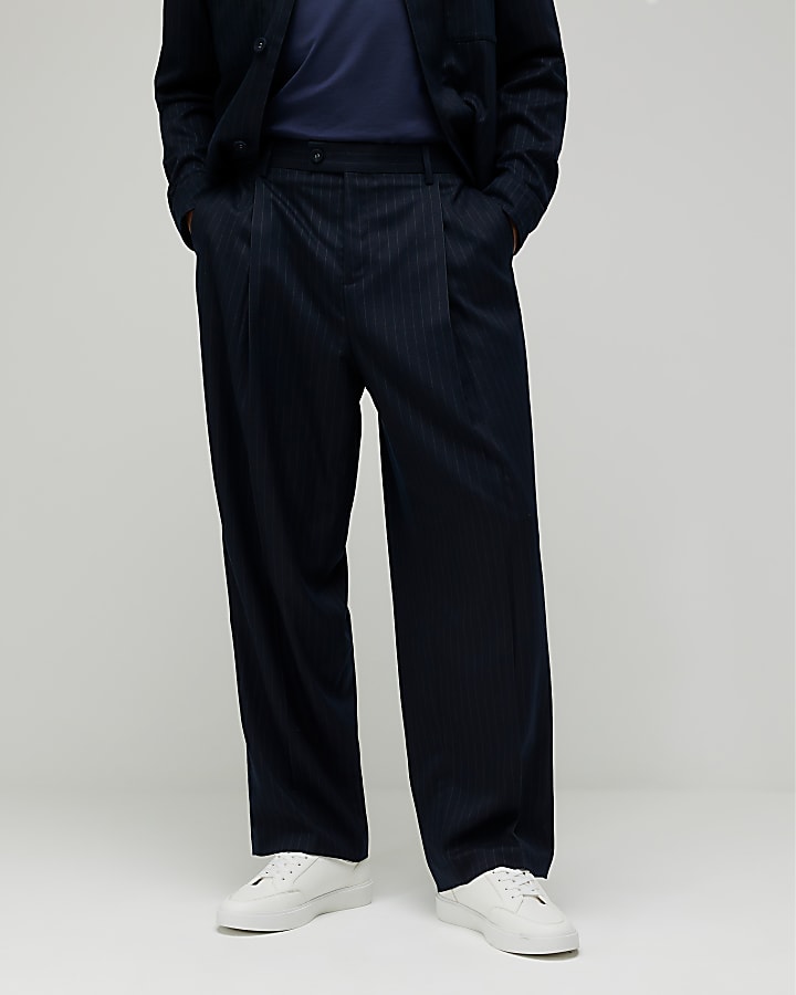 Navy Wide Fit Pinstripe Trousers