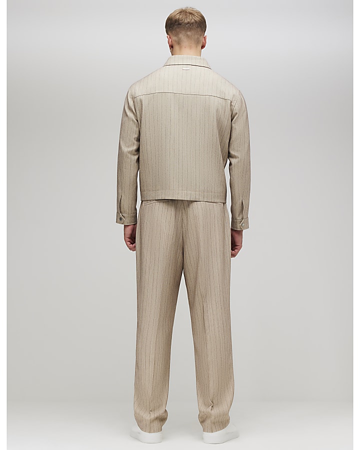 Beige Relaxed Fit Pinstripe Trousers