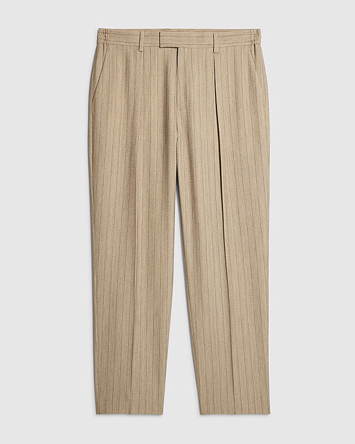 Beige Relaxed Fit Pinstripe Trousers