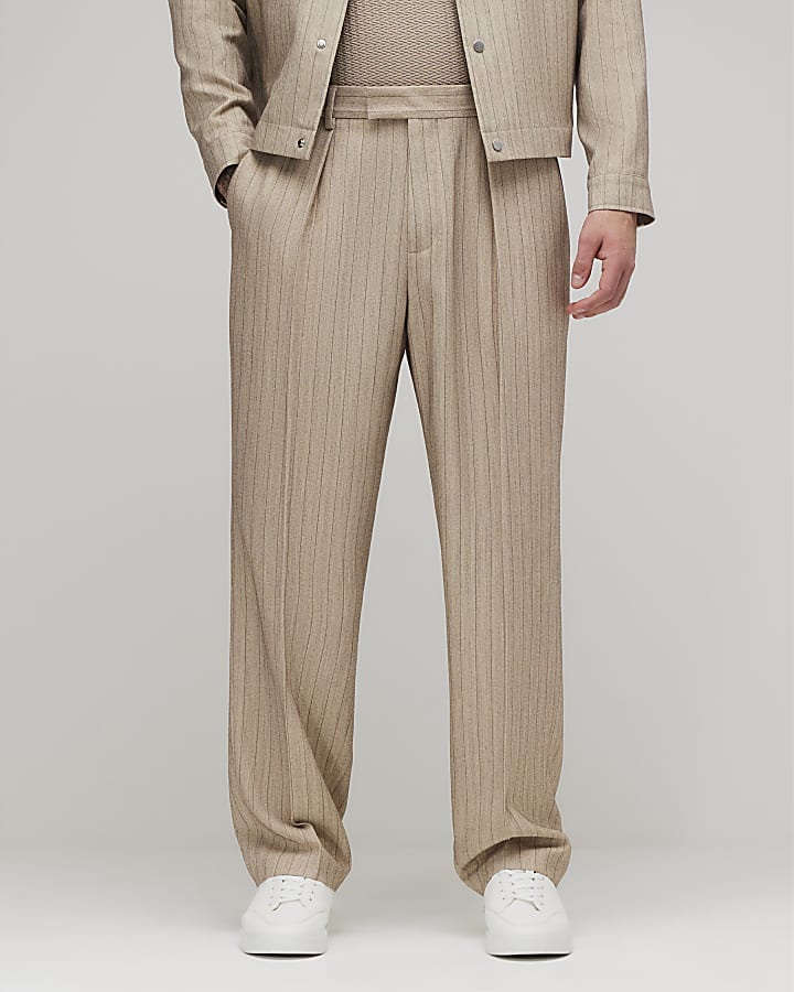 Beige Relaxed Fit Pinstripe Trousers