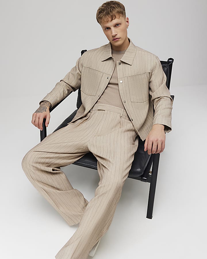 Beige Relaxed Fit Pinstripe Trousers