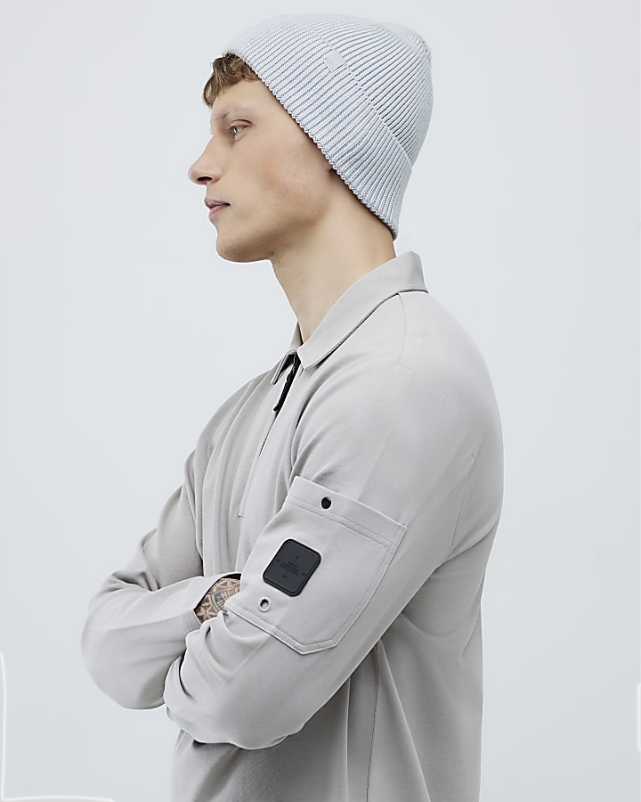 Grey Slim Fit Sleeve Pocket Zipped Polo Shirt