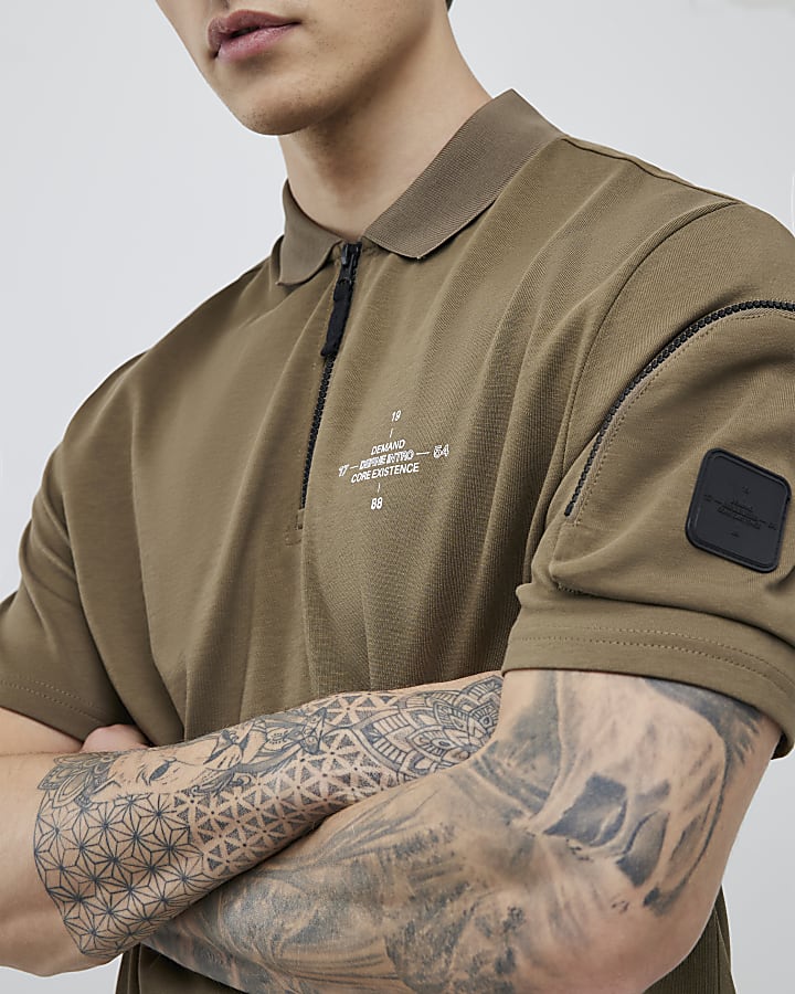 Khaki Regular Fit Arm Badge Pocket Polo Shirt